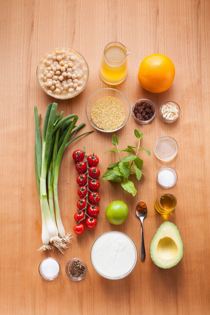 Ingredients for a bulgur wheat and chickpea salad