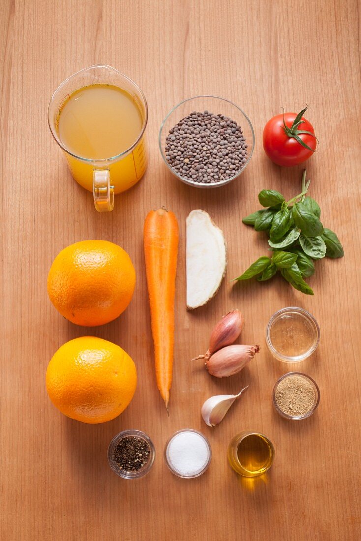 Ingredients for a colourful lentil salad