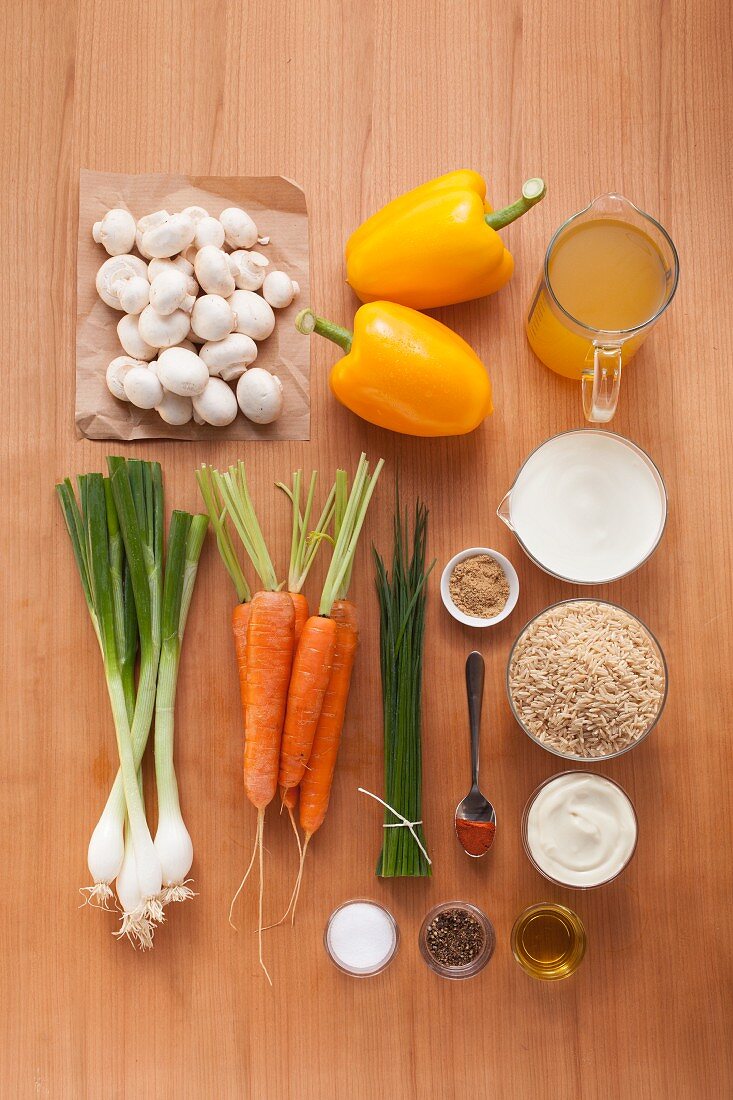 Ingredients for a rice and mushroom salad with a yogurt dressing