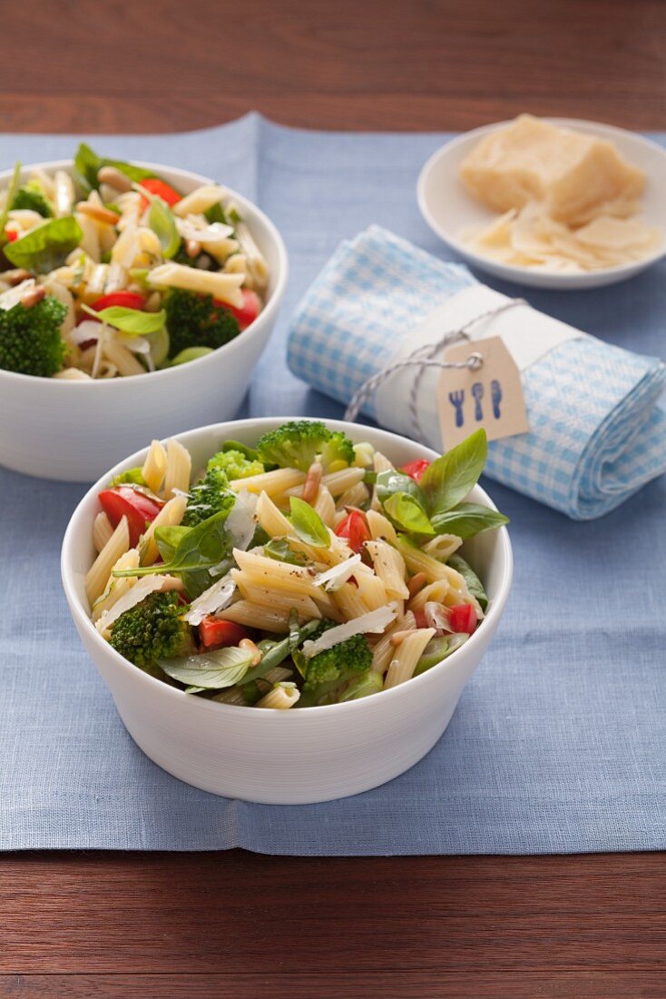 Vegetarian pasta salad with broccoli and basil