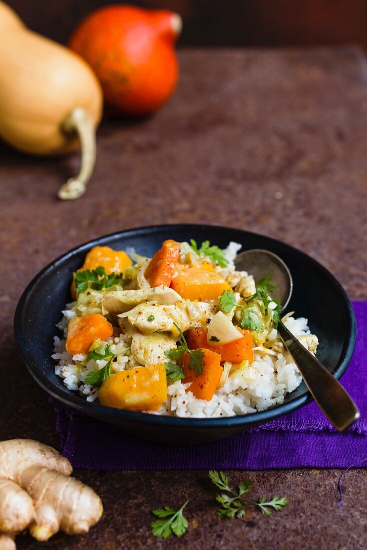 Kürbiscurry mit Hähnchen und Reis (Thailand)