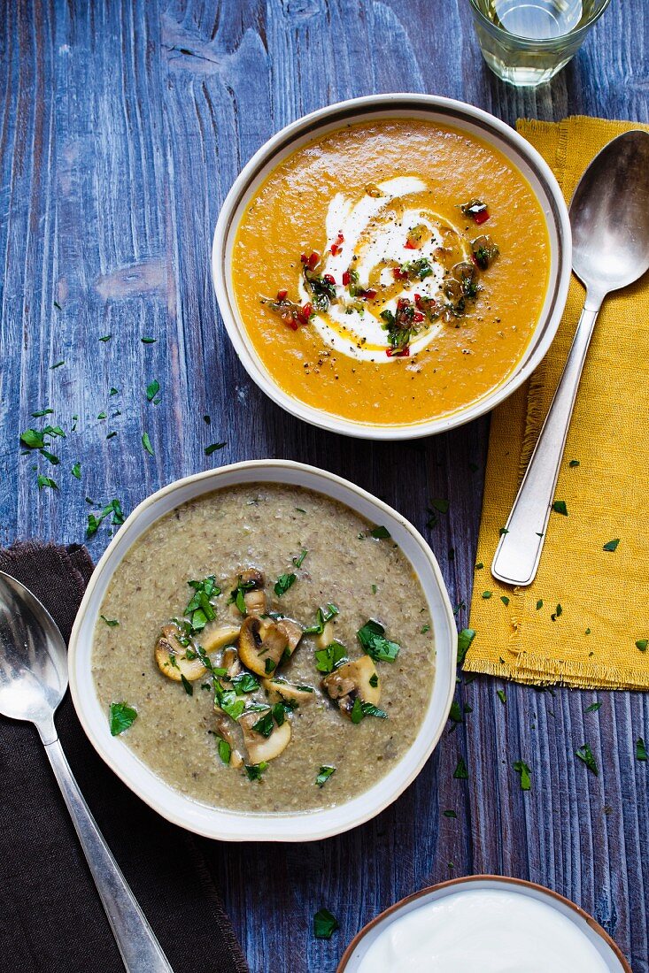 Pumpkin soup and mushroom soup