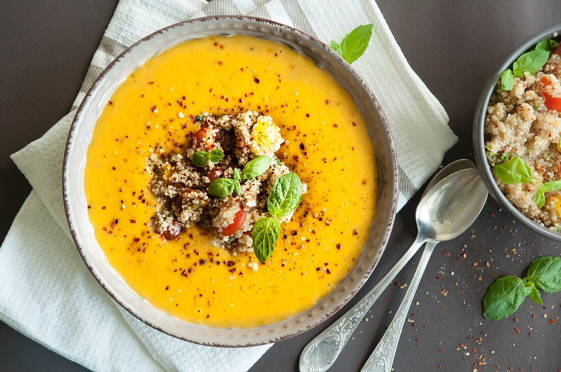 Butternut squash soup with quinoa (seen from above)
