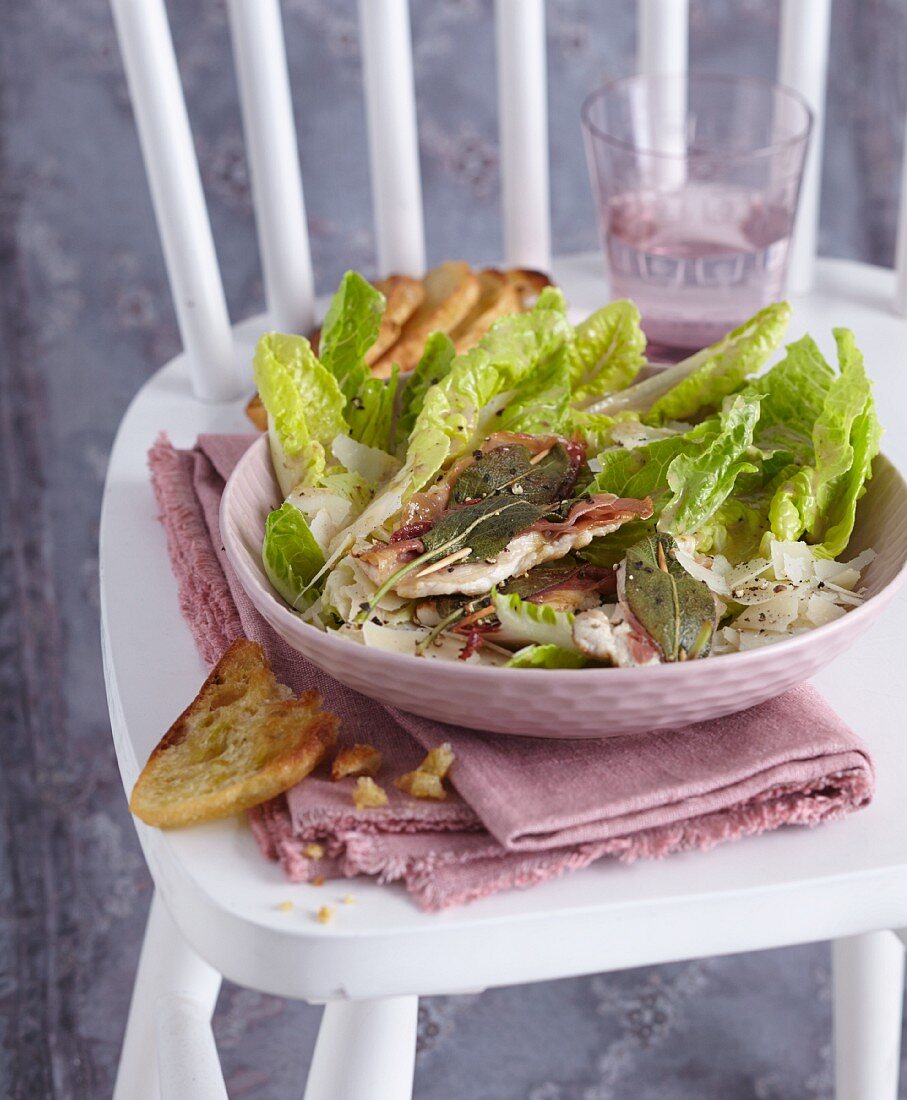 Caesar salad with chicken saltimbocca