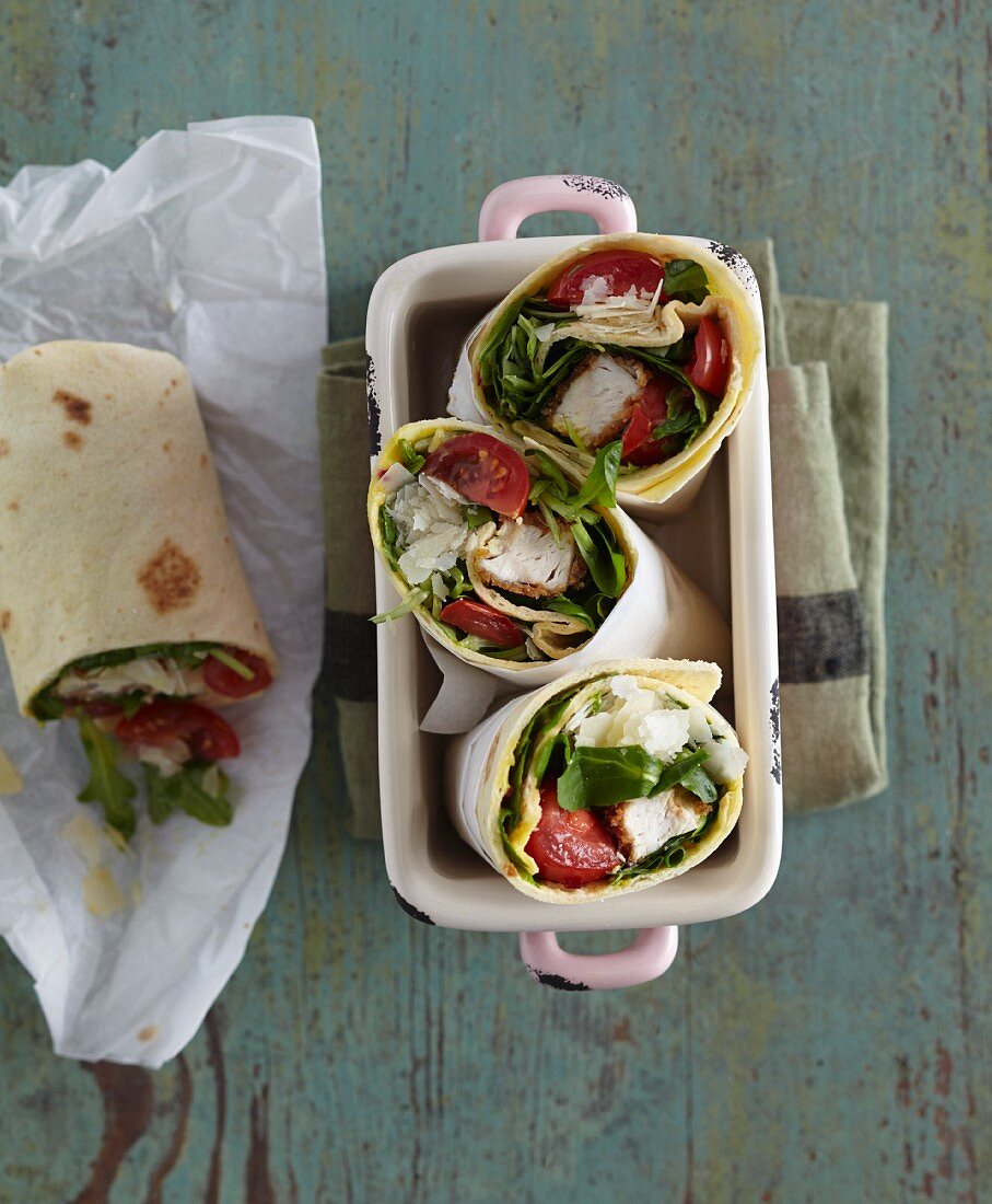 Chicken salad wrap with cherry tomatoes