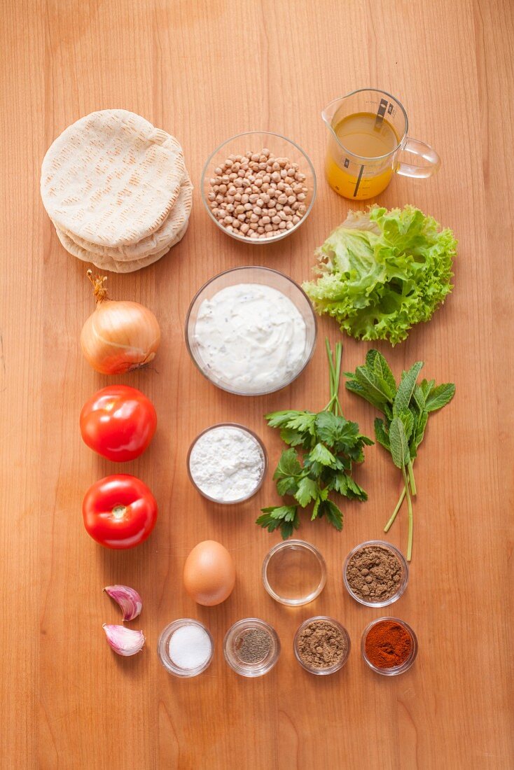 Ingredients for falafel rounds in pita bread