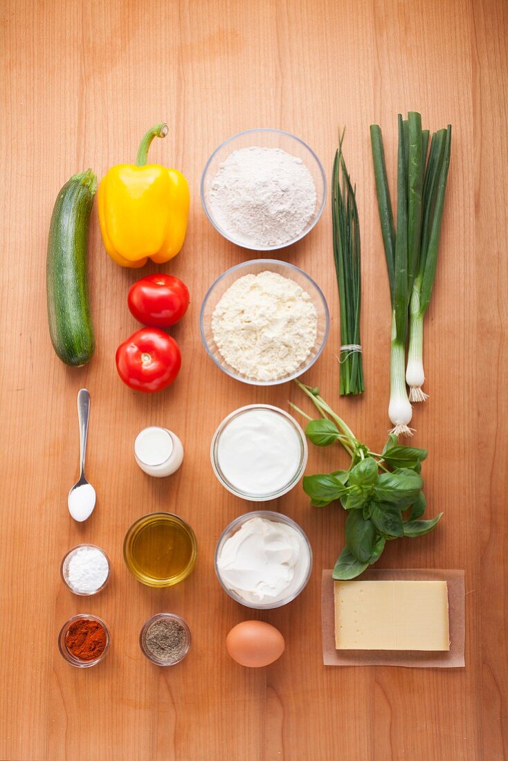 Ingredients for vegetable muffins and cheese dip