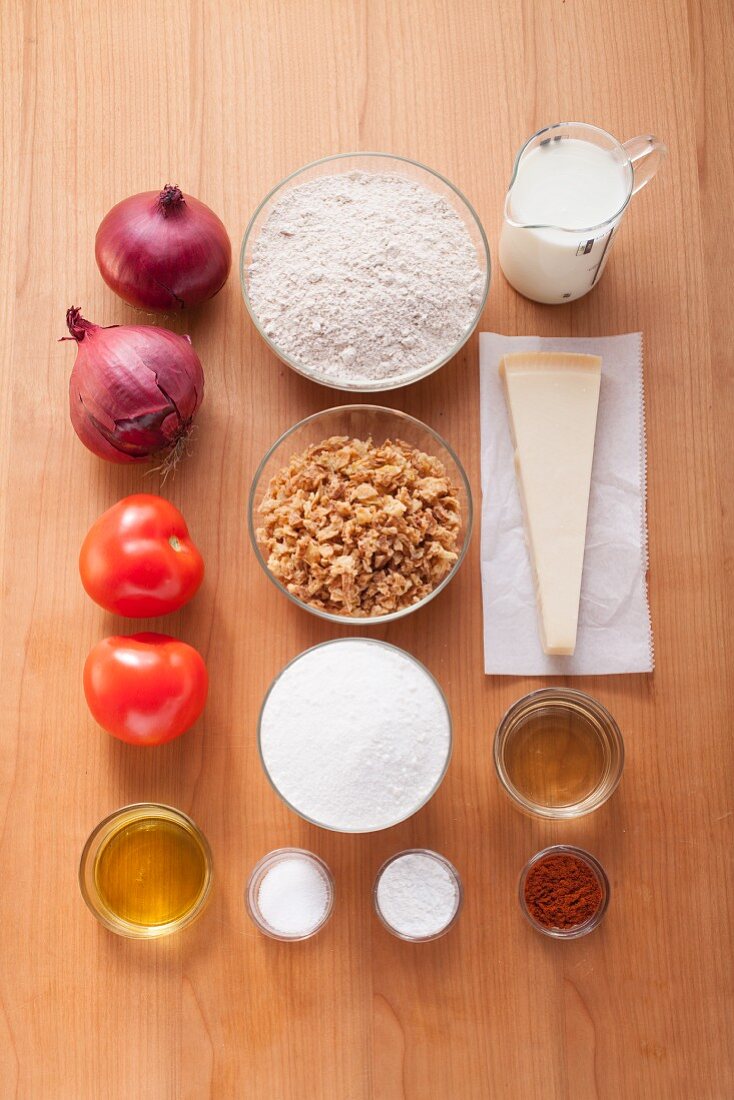 Ingredients for cheese and onion muffins with tomato chutney