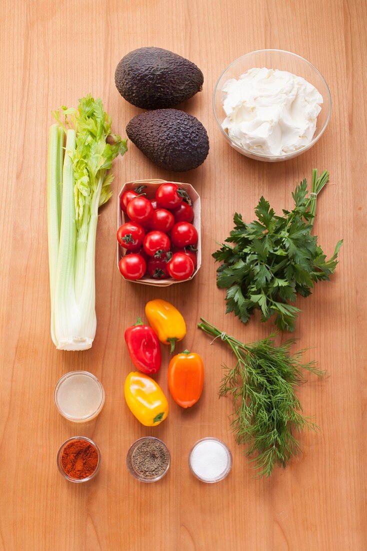 Ingredients for mini vegetable bites filled with cheese dip