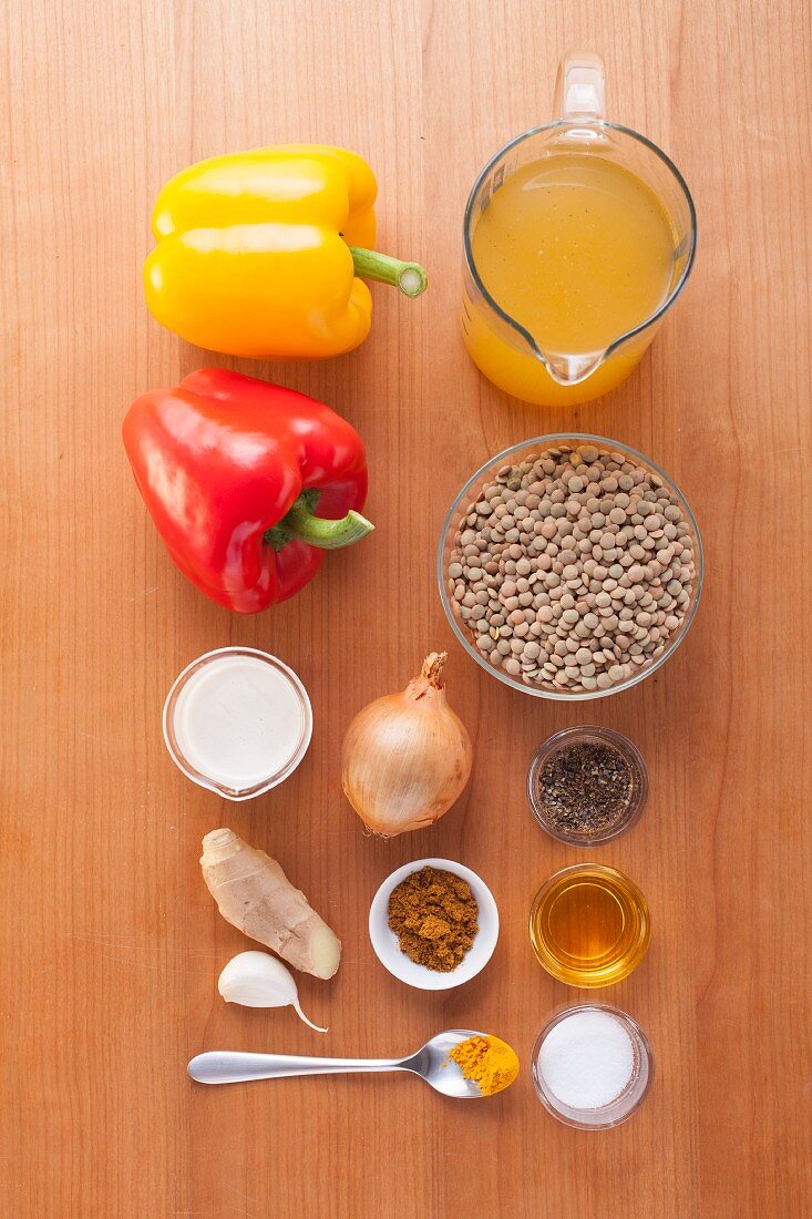 Ingredients for vegan lentil and yellow pepper curry