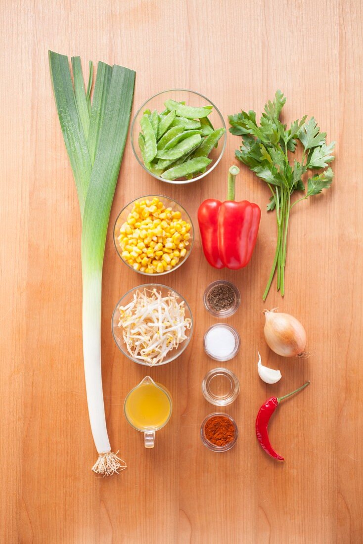 Ingredients for vegetarian stir-fried vegetables with shoots