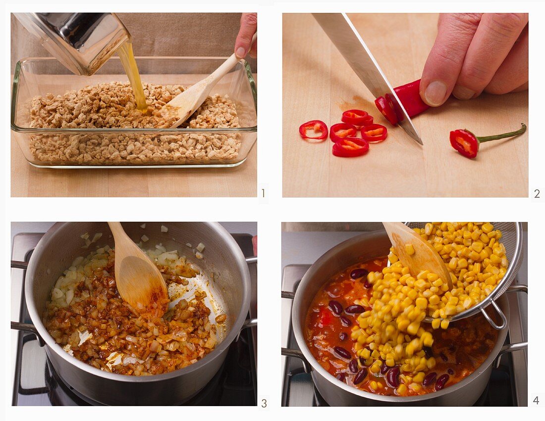 Chili sin carne with soya strips being made