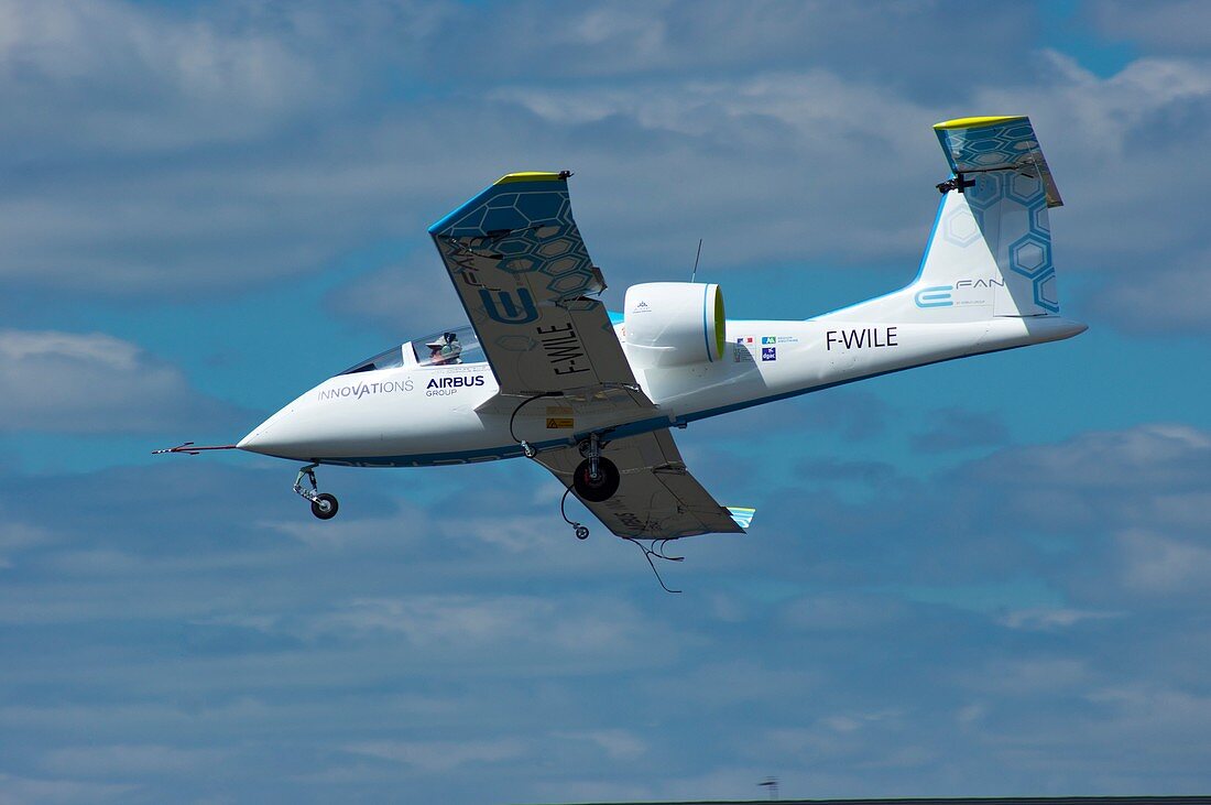 Electric aircraft in flight.