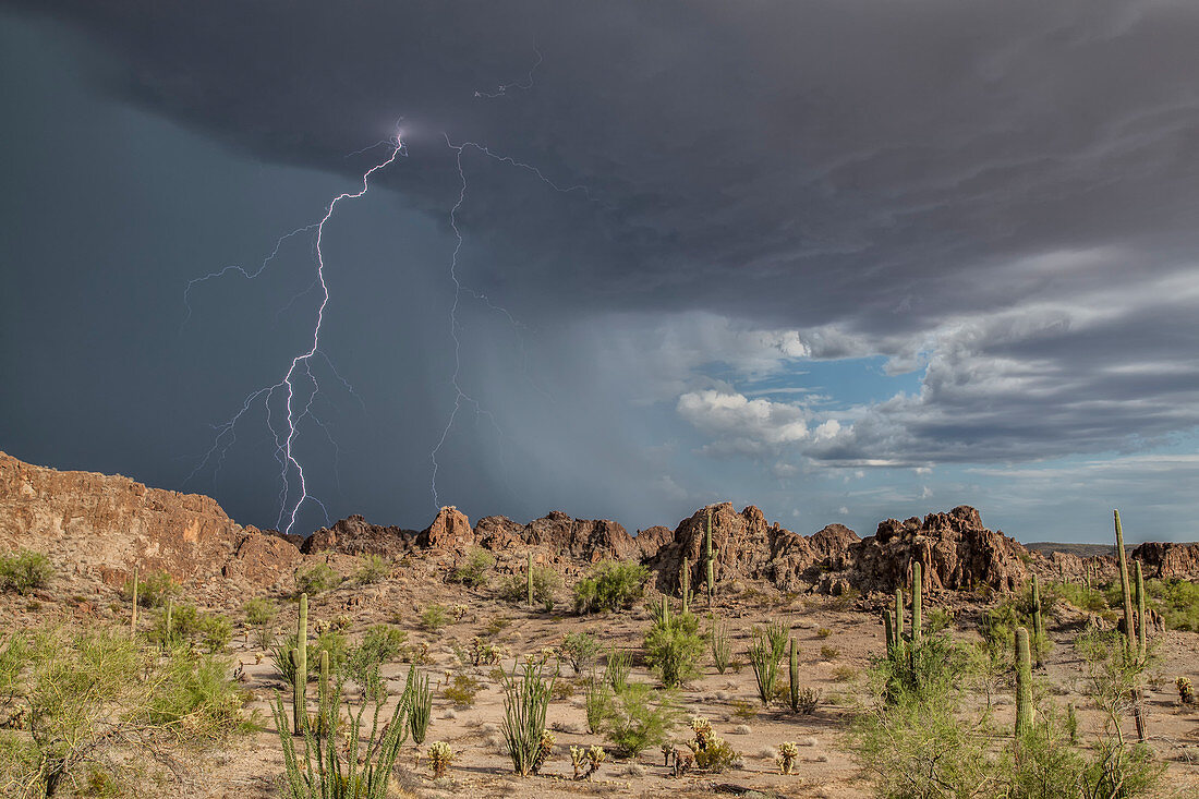 Lightning strike and basalt pinnacles, Arizona, USA