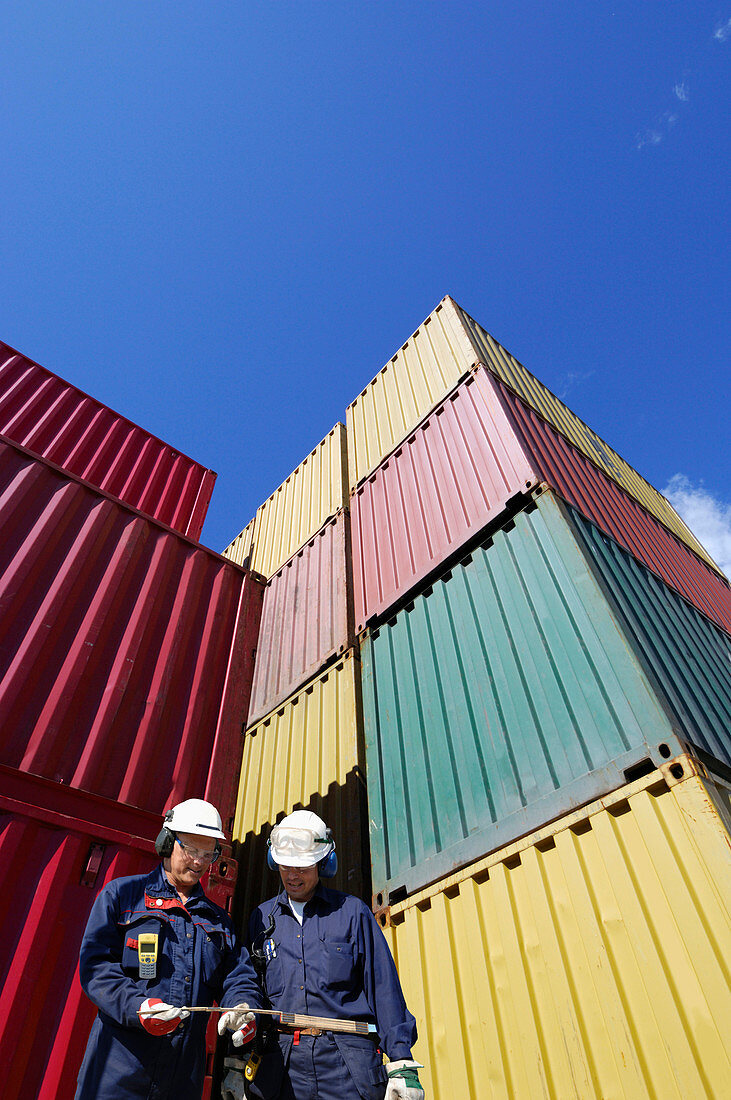 Shipping workers with cargo containers