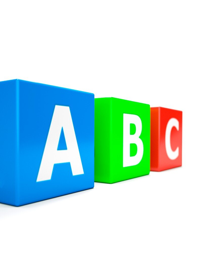 Three cubes with letters a, b, and c