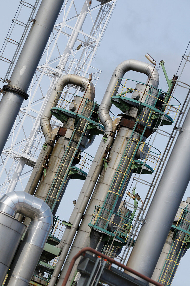 Pipes and chimneys on an oil and gas refinery