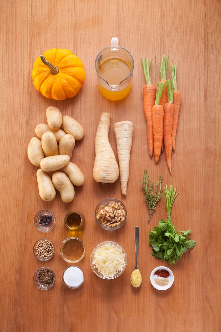 Ingredients for vegetarian oven-baked vegetables with walnut pesto