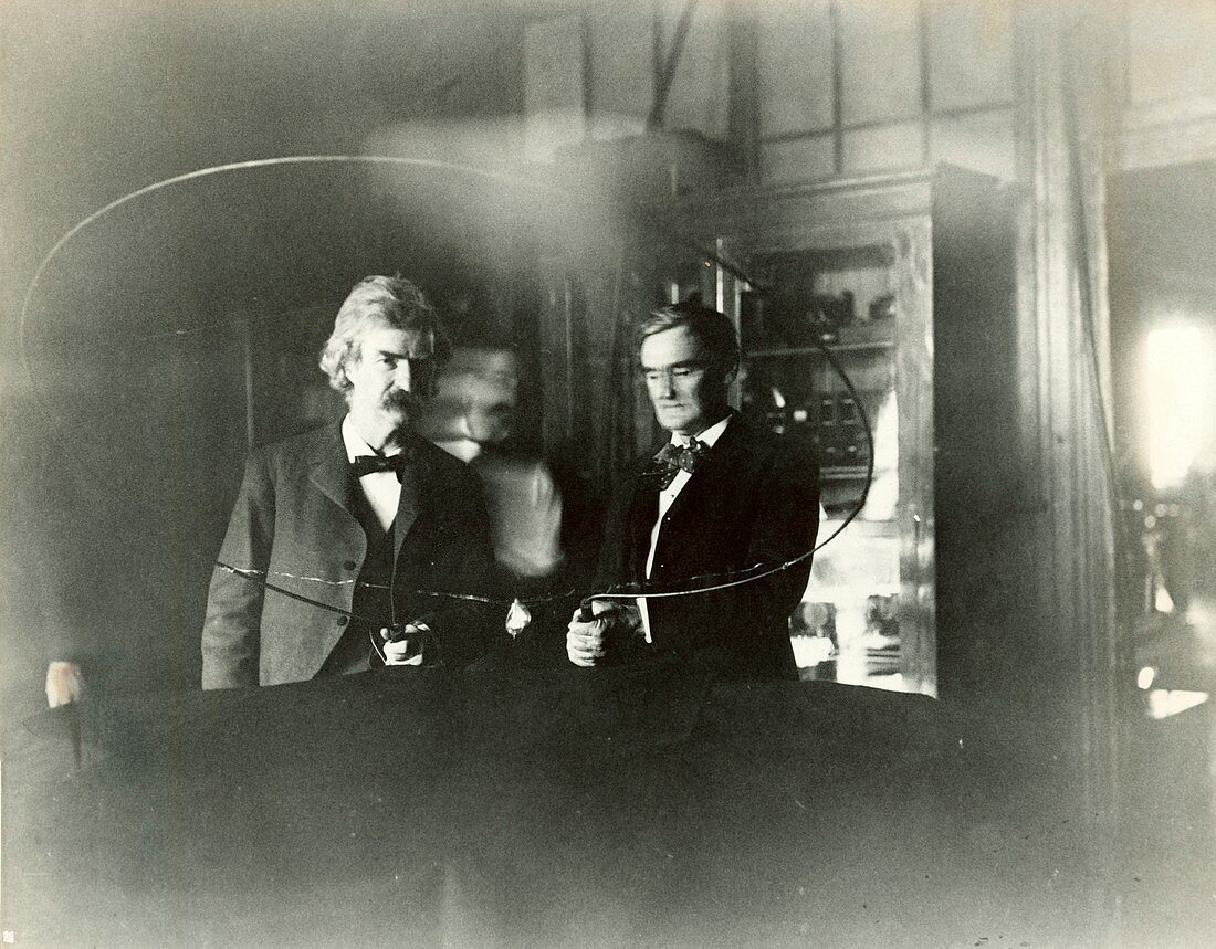 Twain and Jefferson in Tesla's laboratory, 1894
