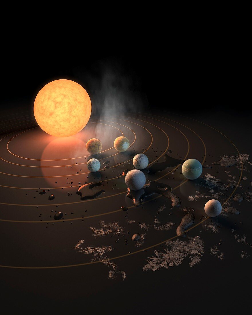 TRAPPIST-1 dwarf star and its planets, illustration