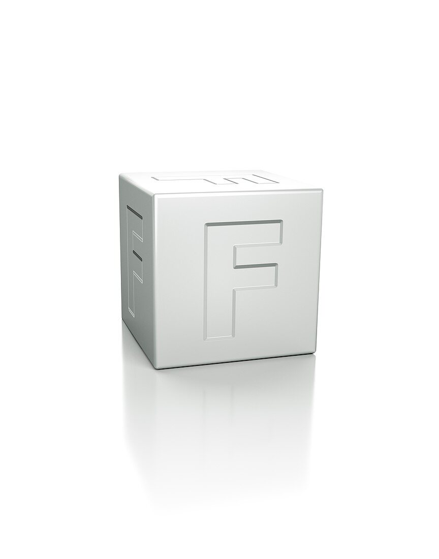 Cube with the letter F embossed.