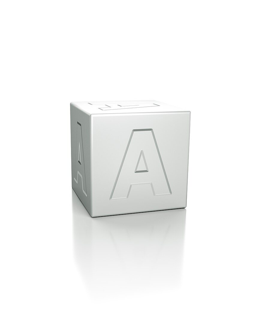 Cube with the letter A embossed.