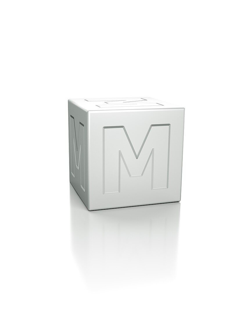 Cube with the letter M embossed.
