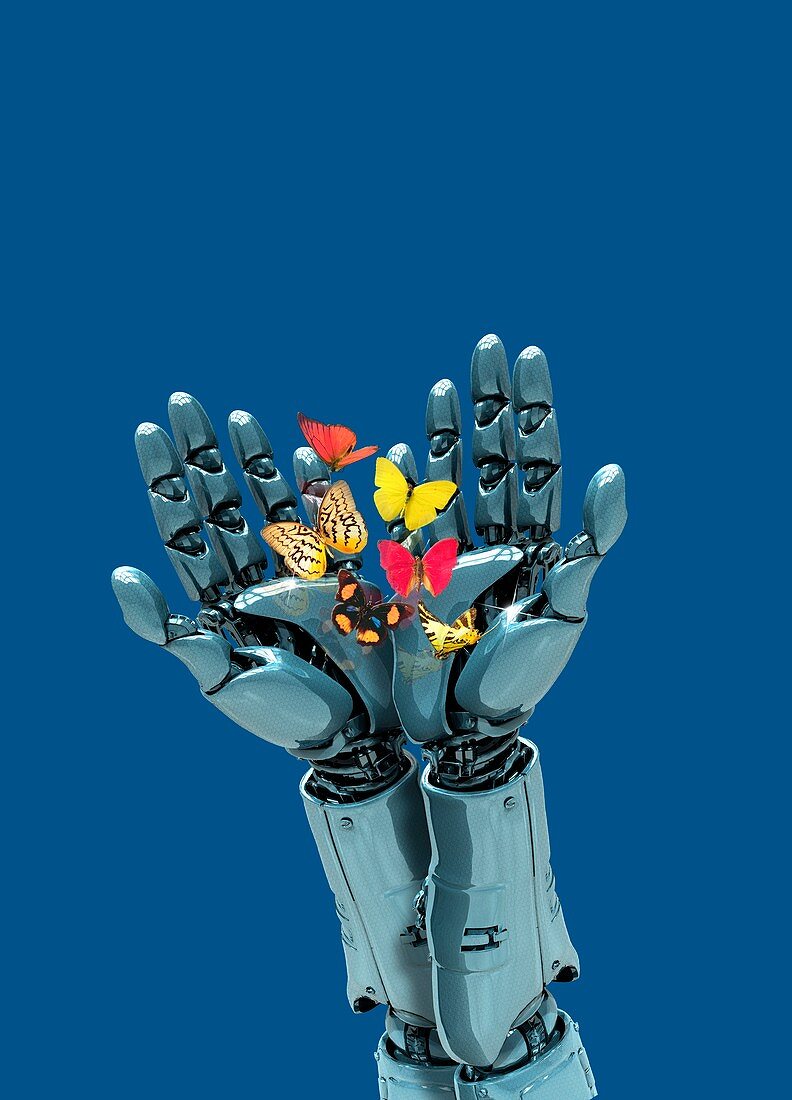 Robotic hands holding butterflies