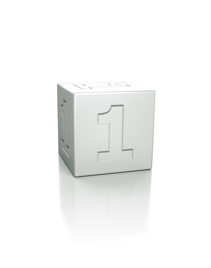 Cube with the number 1 embossed.