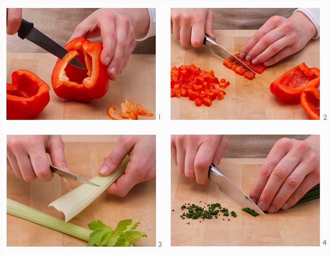 How to prepare chilli peppers, celery, and chives (for a spicy meal)
