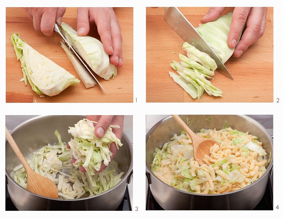 Preparing a cabbage and spaetzle dish