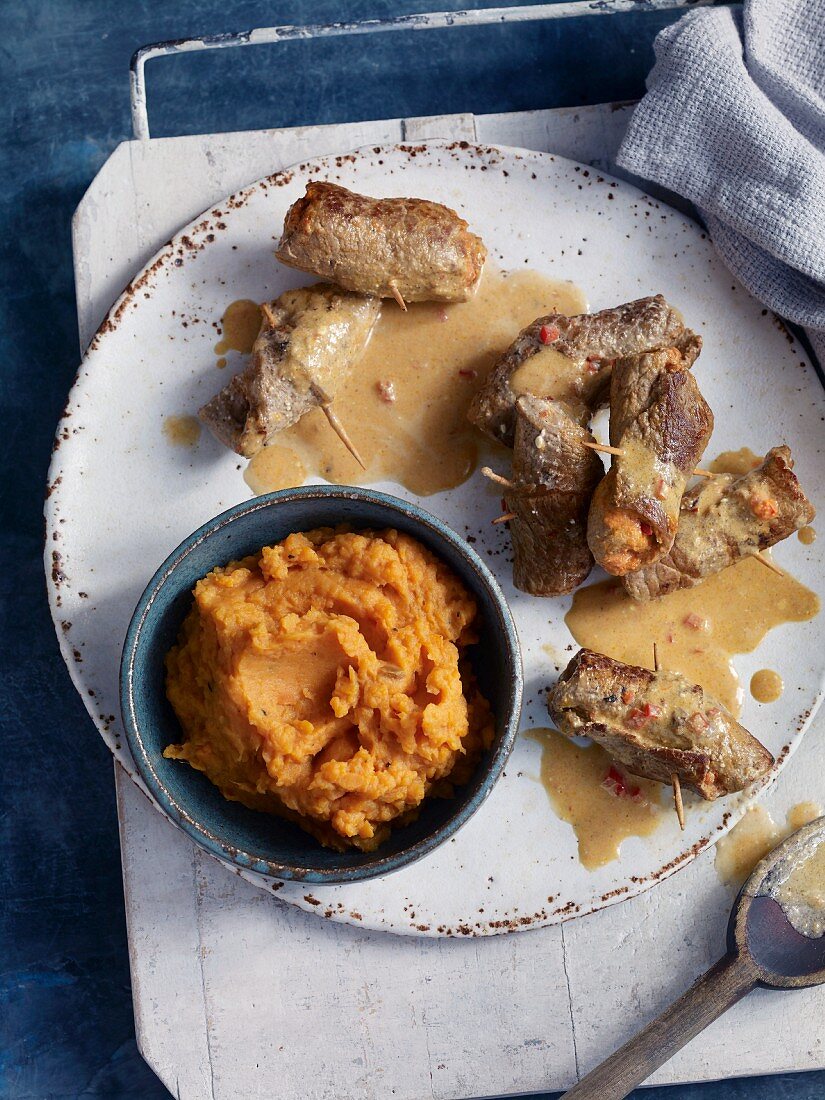 Veal schnitzel rolls with ajvar and sweet potato mash