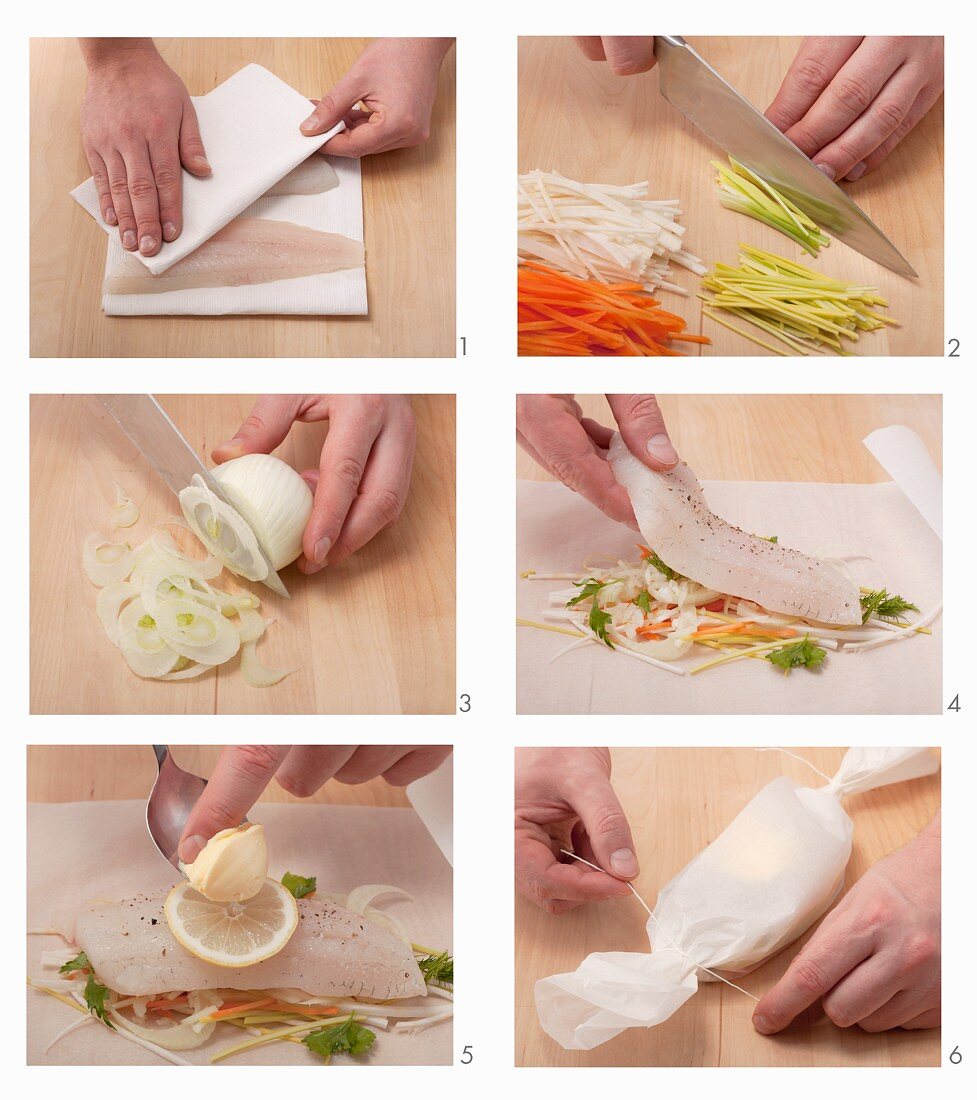 Fischfilet mit Gemüse aus dem Pergamentpapier zubereiten