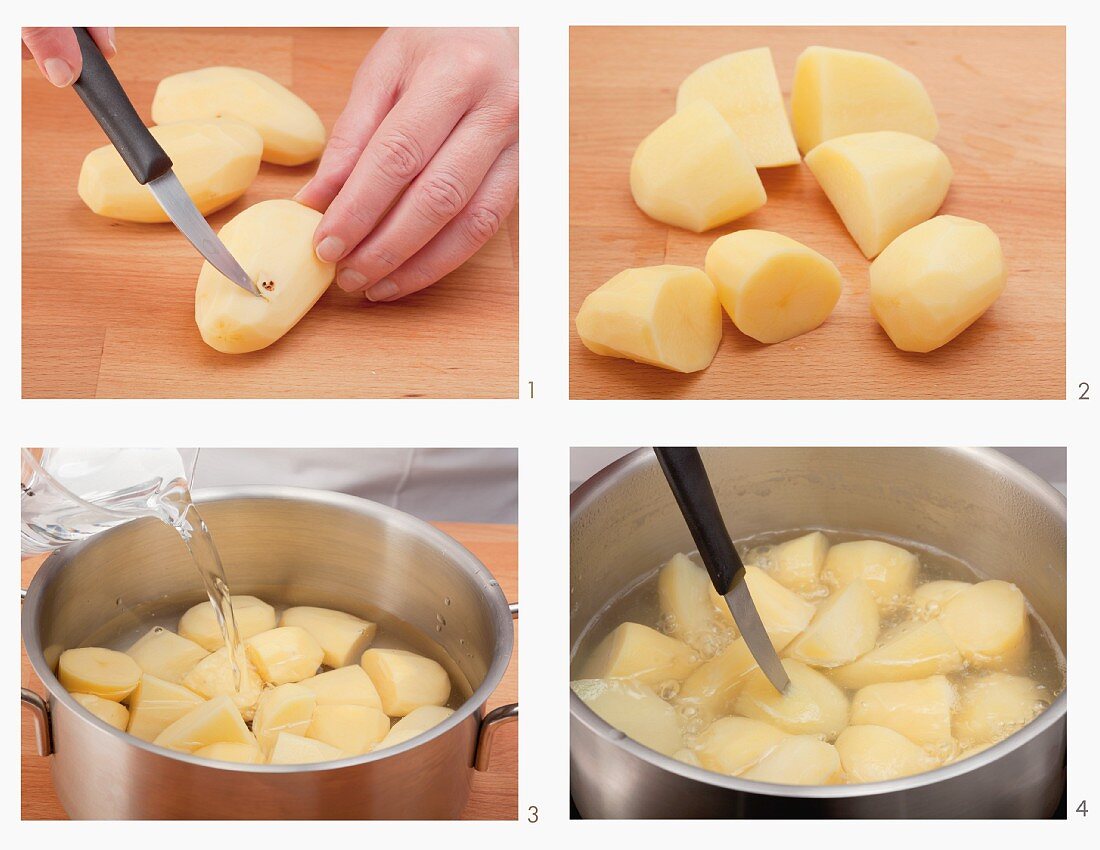 Peeled and boiled potatoes being made