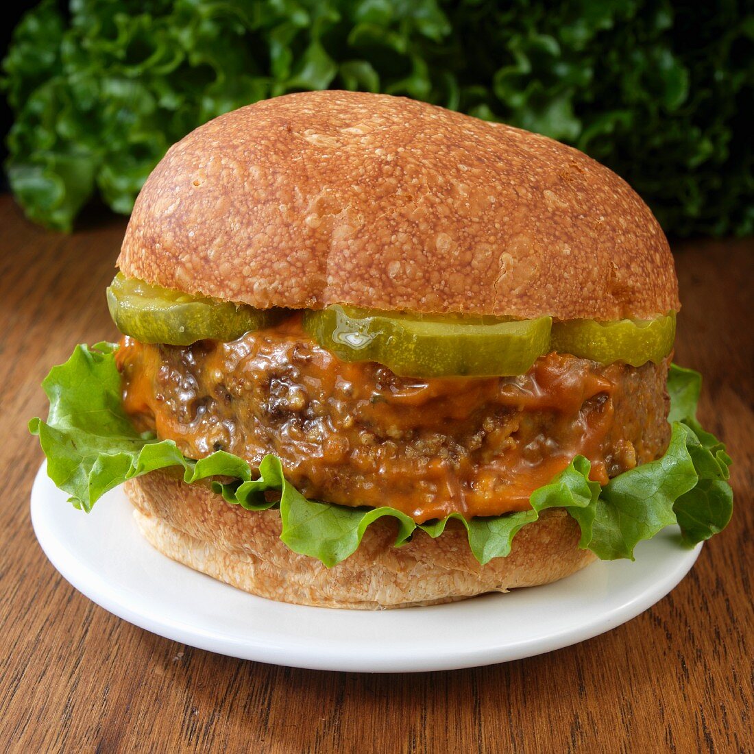 Meatloaf sandwich with dill pickle and lettuce