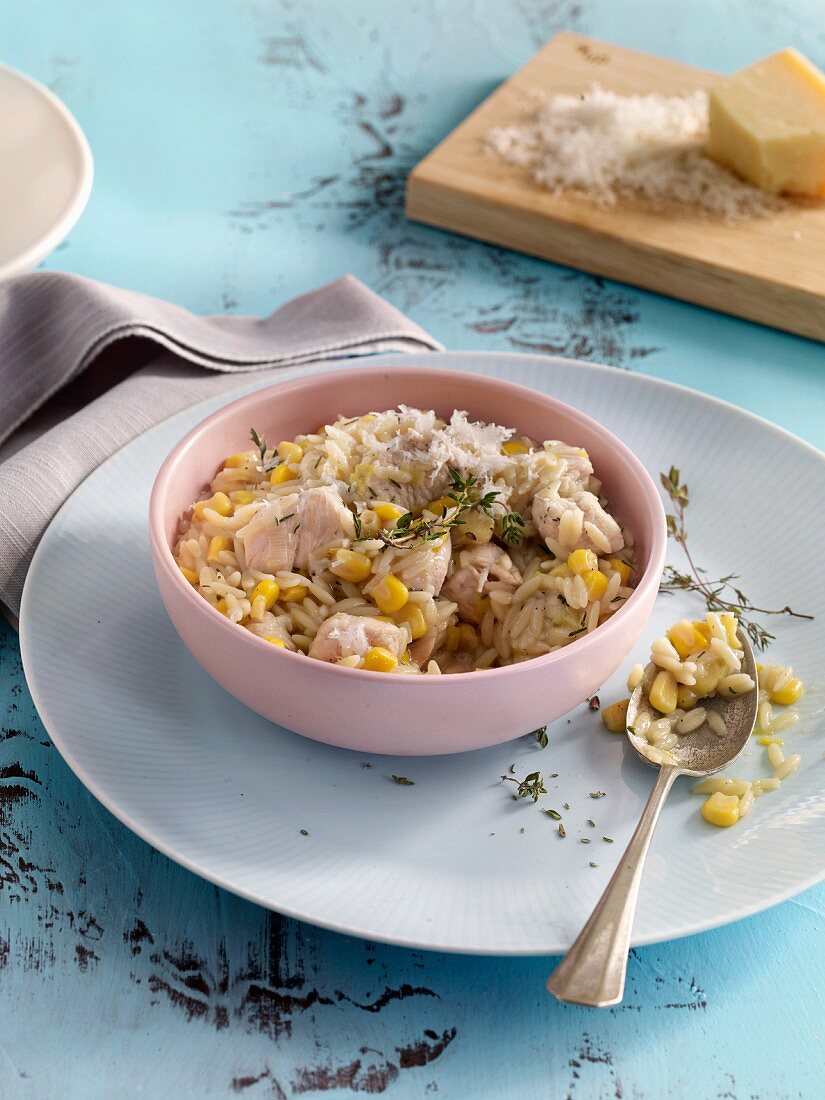 Orzo risotto with chicken, leek and sweetcorn