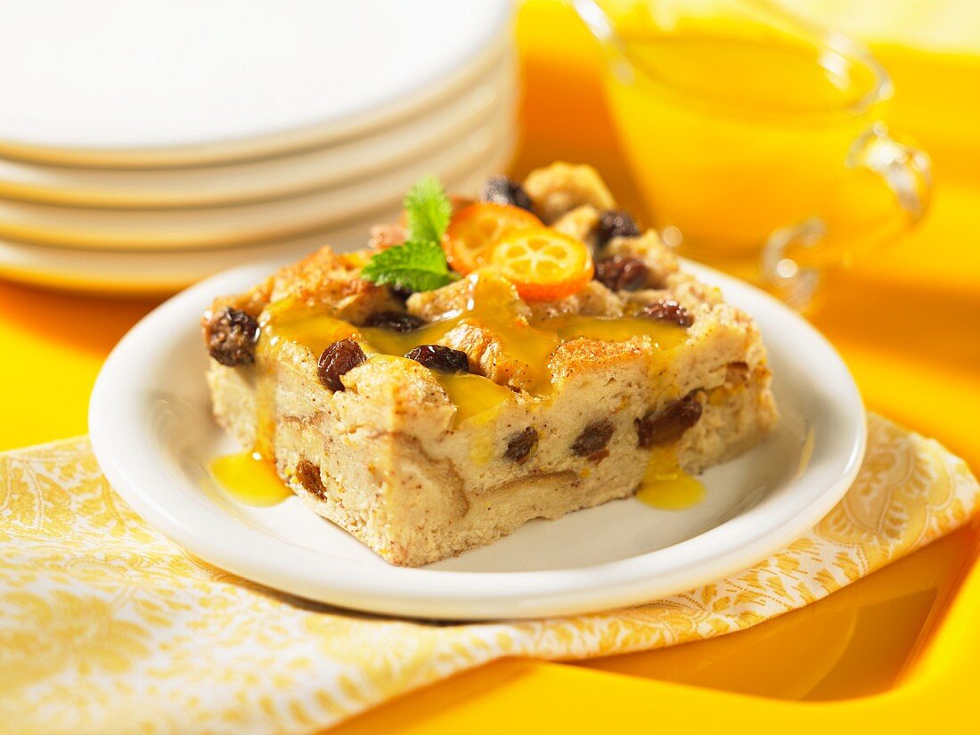 Bread pudding with dried fruits and kumquats