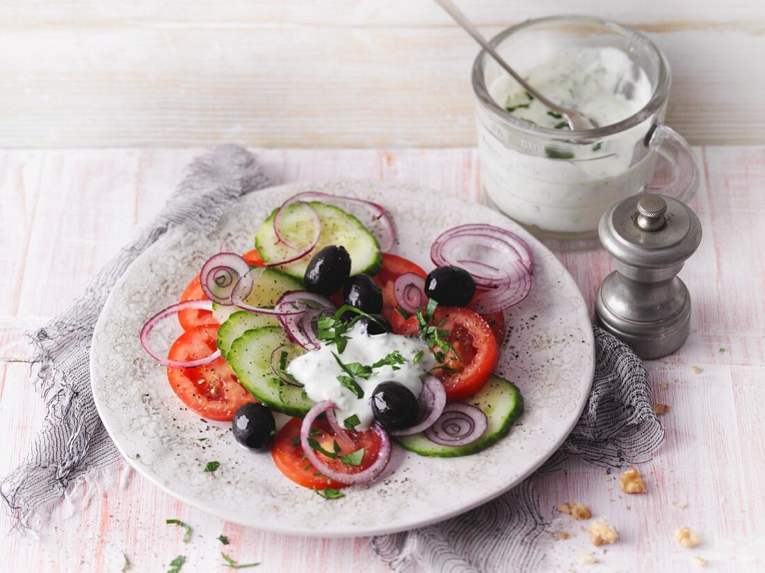 Turkish breakfast salad with feta yoghurt dressing (Sirtfood)