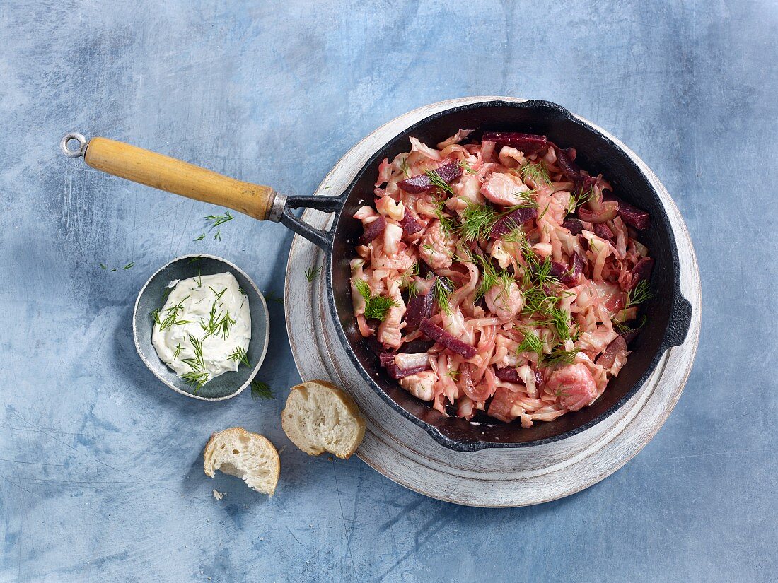 Quick and easy borscht (a simple beet soup) with fillet of fish