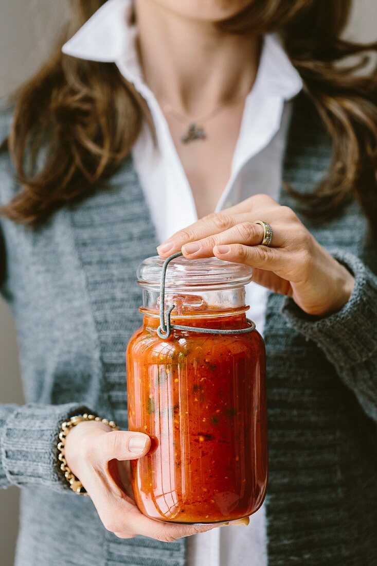 Homemade Tomato-Basil Sauce in a Jar