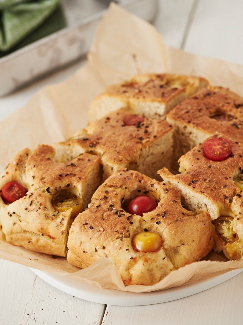Focaccia with colourful tomatoes
