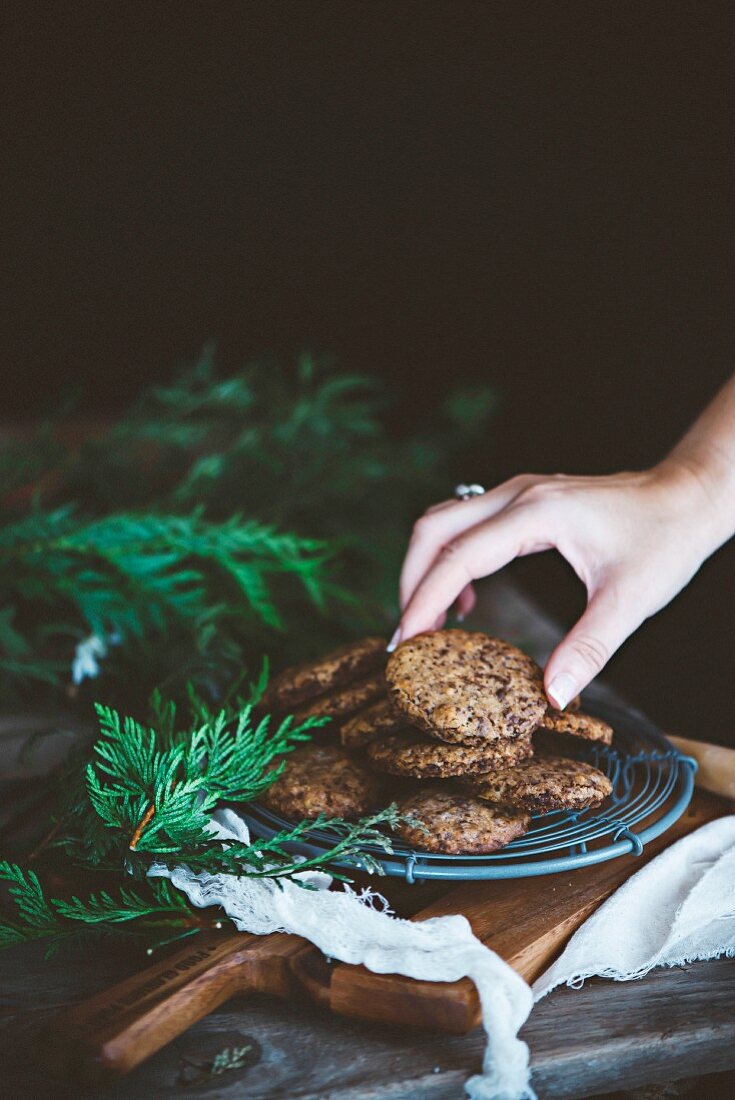 A womans hand picking up a chocolate cookie