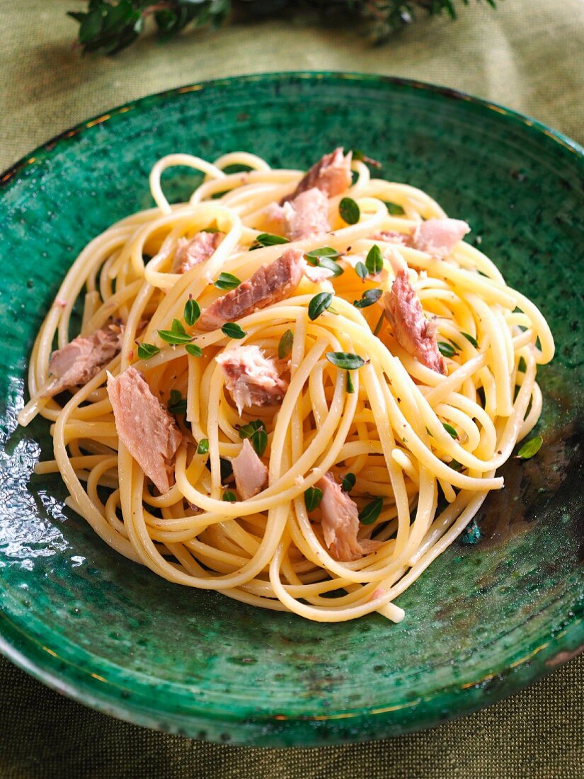 Trenette pasta with canned mackerel in olive oil and myrte, Italy