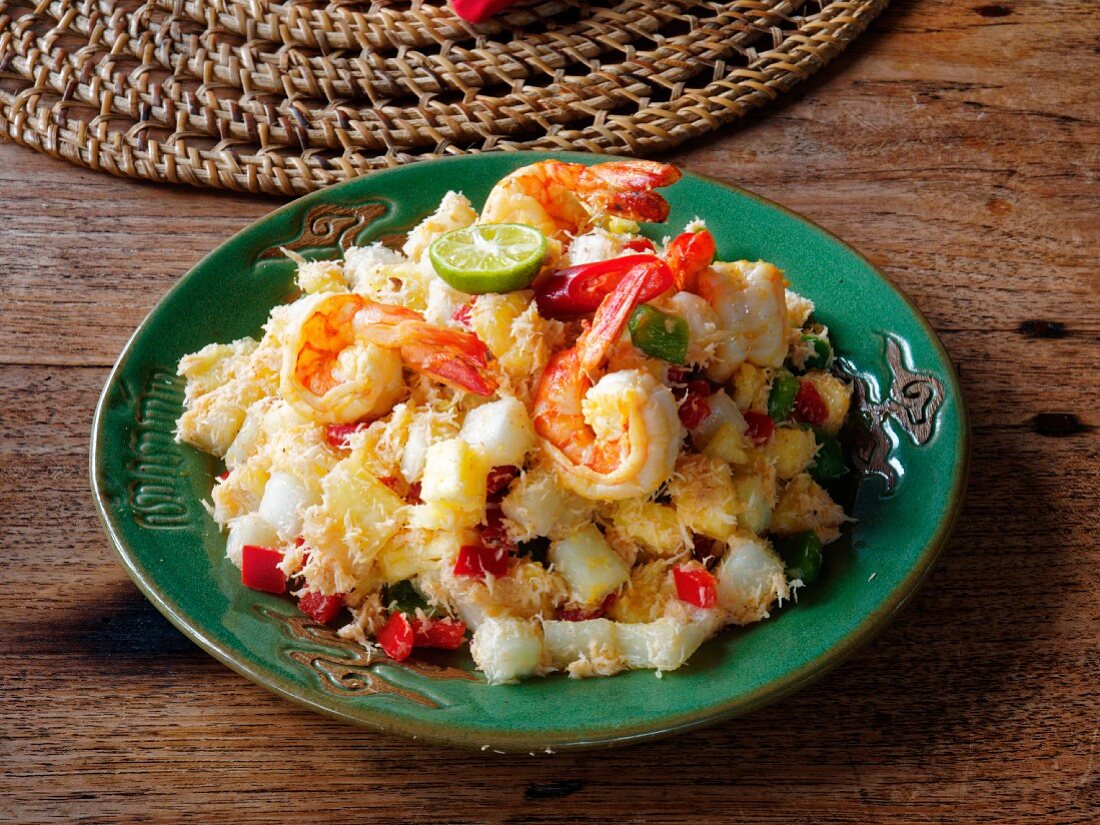 Shrimp with vegetable salad, Lombok island, Indonesia