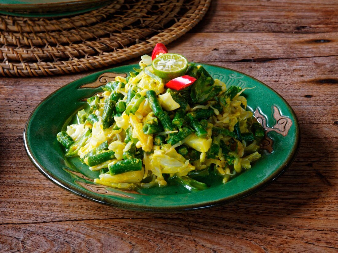 Vegetable salad with local string bean and potato, Lombok island, Indonesia