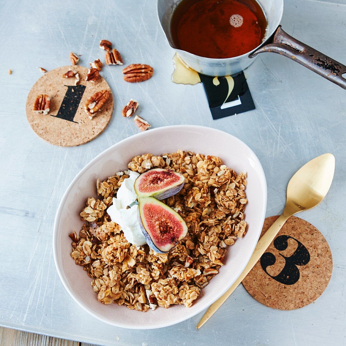 Maple syrup and pecan muesli with figs and yogurt