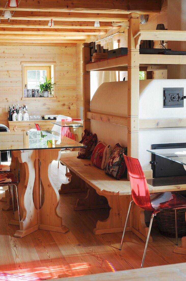 Tables and corner bench around stove