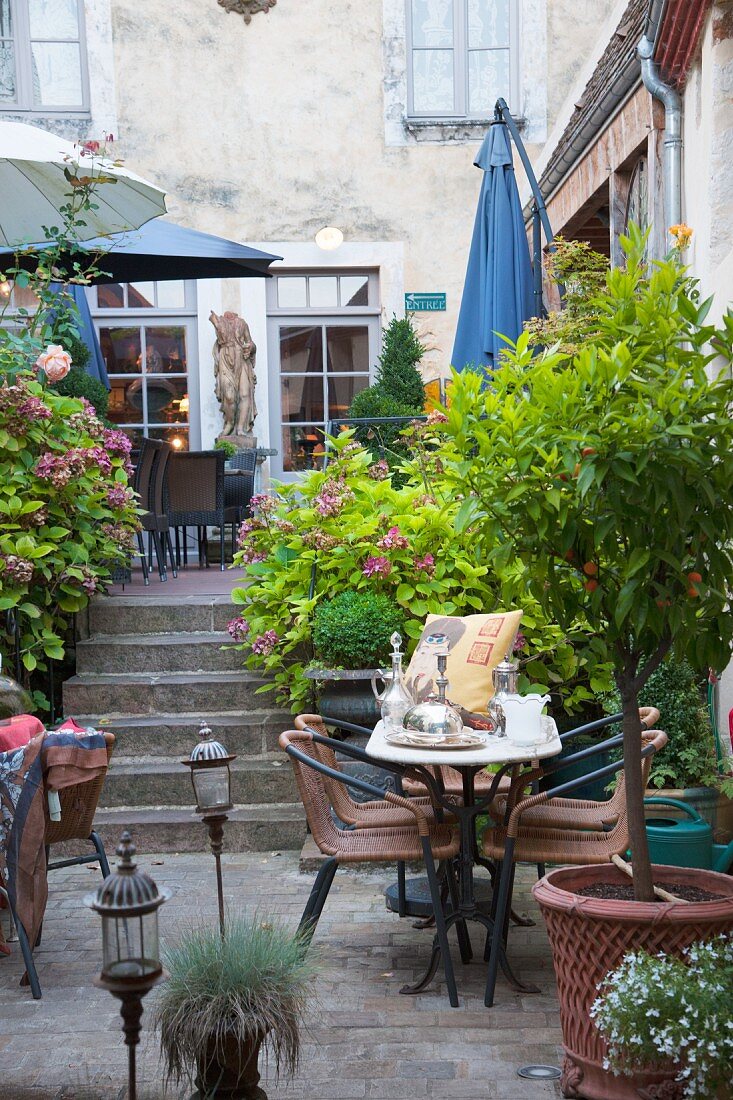 Steps and seating area in lushly planted and decorated courtyard