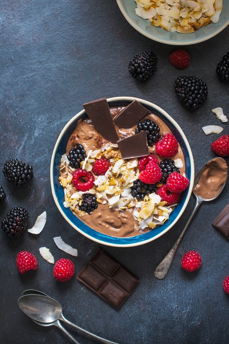 Chocolate yogurt with coconut chips and berries