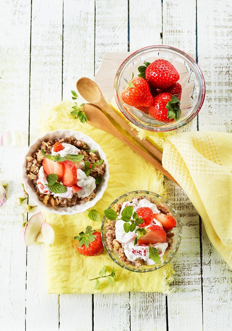 Sweet buckwheat topped with strawberries
